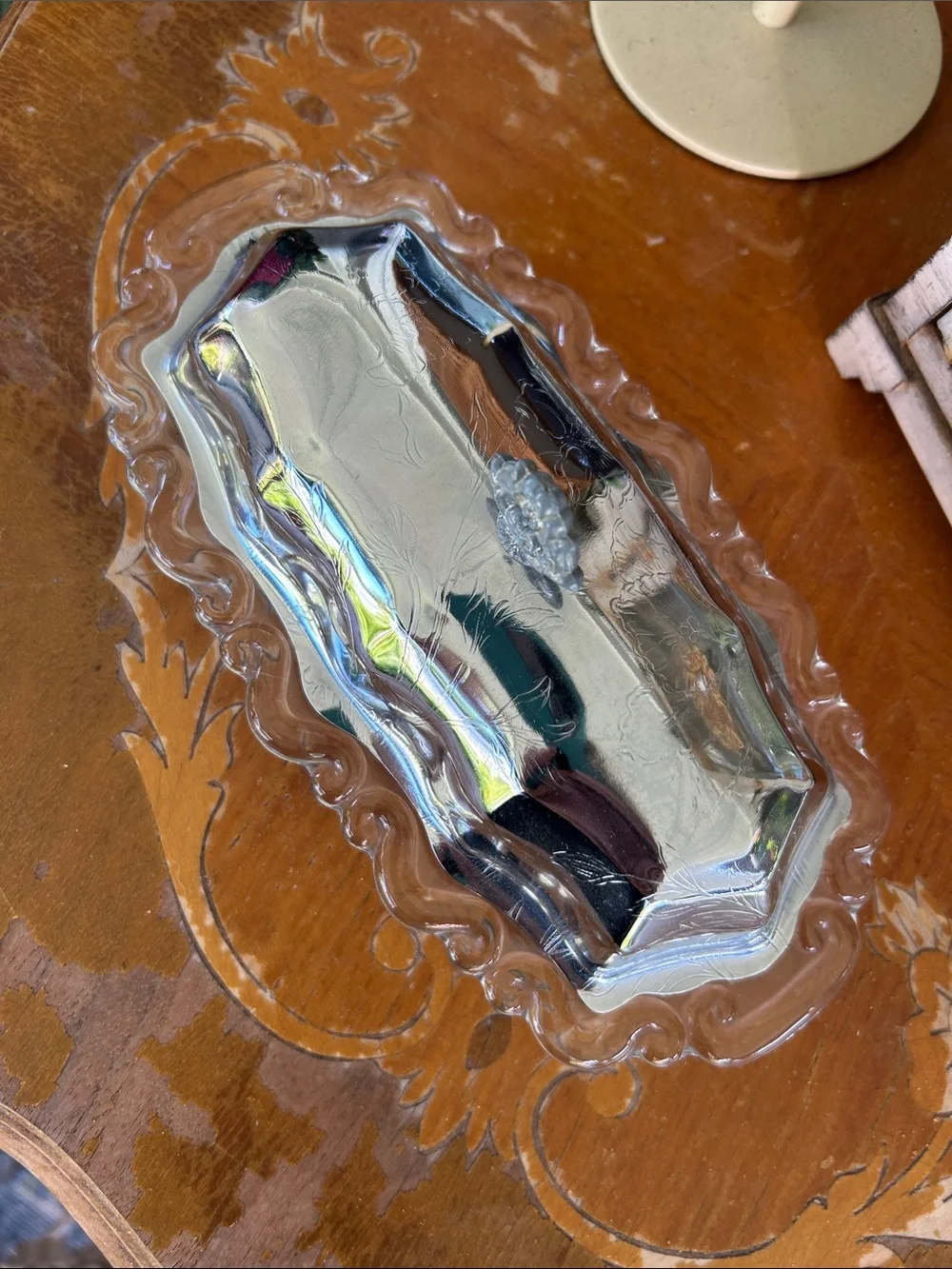 Vintage Silver Metal Covered Glass Butter Dish